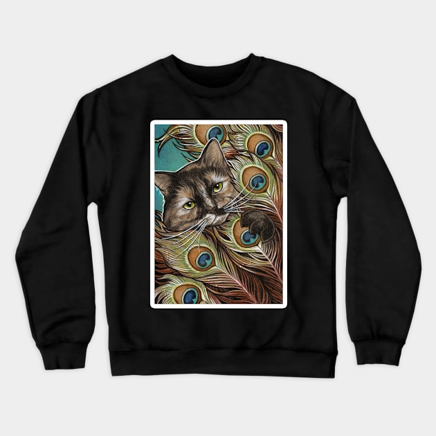 Tortie Cat and Peacock Feathers - White Outlined Version Crewneck Sweatshirt by Nat Ewert Art